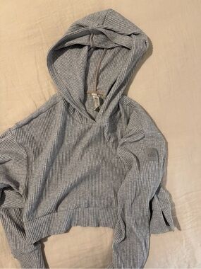 ALO Yoga Ribbed Cropped Hoodie Sweater in Light Gray